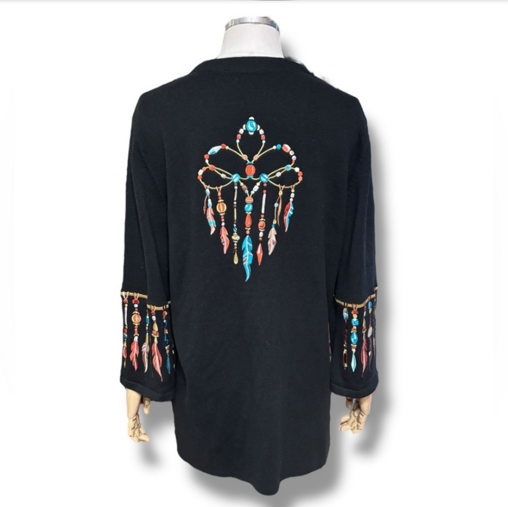 BOB MACKIE Black Longline Cardigan Embroidered Dreamcatcher Design VINTAGE - Picture 3 of 6